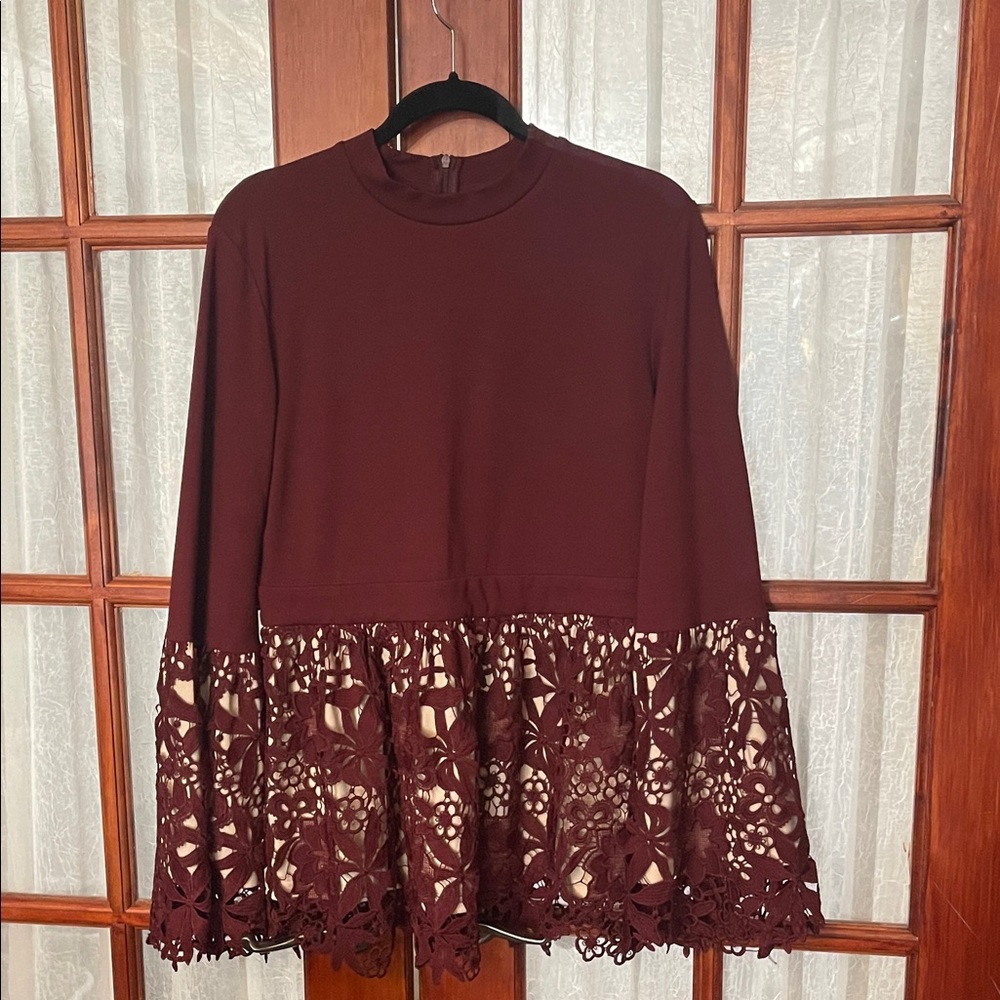 Elegant Burgundy Lace Hem Blouse